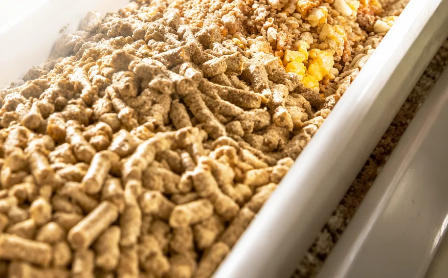 Pelleted poultry feed and cracked grain in a feeder line